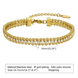 Detail of 6mm double-layer gold stainless steel bracelet with cubic zirconia and size specs
