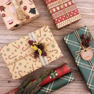 Vintage Christmas kraft wrapping paper set with red plaid and snowflake patterns