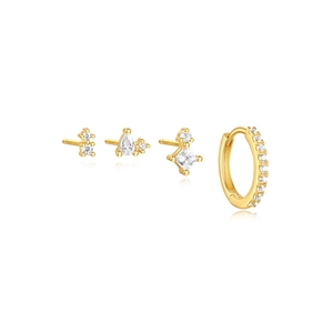 Detail of S925 sterling silver gold earrings set featuring clear cubic zirconia stones