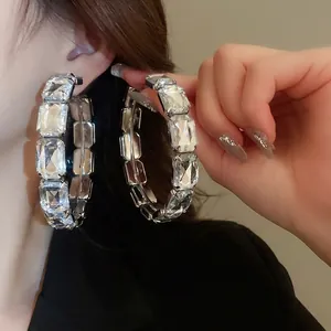 Exaggerated Hoop Earrings With Rectangle Cut Clear Rhinestone And 925 Sterling Silver Earring Post For Women Fashion