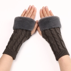 Detailed knit texture and faux fur trim on coffee brown fingerless winter gloves