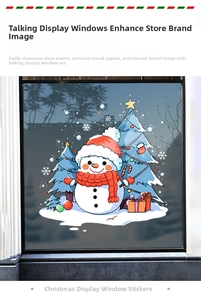 Detailed view of snowman and Christmas tree static window decals for festive decoration