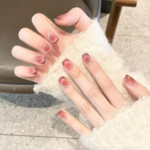 Cat Eye Press On Nails Wine Red Short Square Shimmering Fake Nails With Rhinestones ABS Glossy French Style Women
