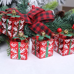 Set of 4 red Christmas gift box ornaments with white snowflakes and green glitter bows