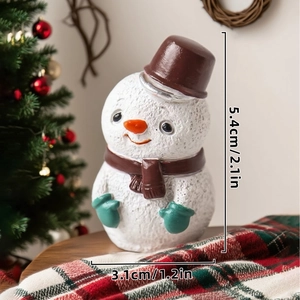 Close-up of a 5.4cm resin snowman figurine with a cozy Christmas tree background