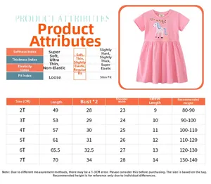 Size chart for girls cotton dress with detailed measurements and fabric specifications