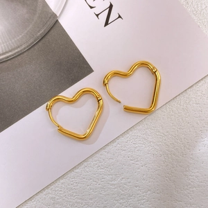 Minimalist gold hollow heart hoop earrings in polished stainless steel for women