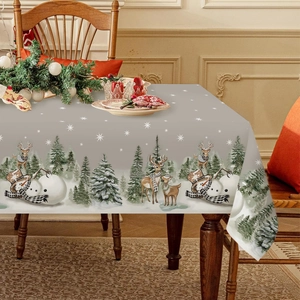 Waterproof Christmas tablecloth featuring snowmen and reindeer on a grey festive background