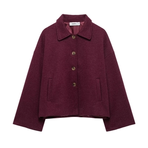 Women's burgundy wool short jacket with classic lapel collar and single-breasted buttons
