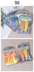Close-up of holographic resealable bags showing vibrant rainbow reflection and sealing detail
