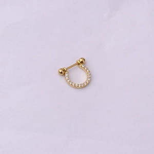Golden U-shaped stainless steel ear stud with clear sparkling zircon stones and ball closure