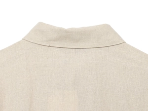 Close-up of a natural linen shirt collar detail with textured fabric and clean lapel