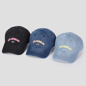 Three washed denim baseball caps with Los Angeles 83 embroidery in black, dark blue and light blue