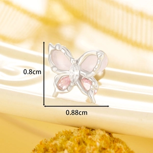 Chic butterfly stud earring in silver titanium steel with pink crystals and size dimensions