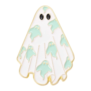Broche fantôme d'Halloween en émail blanc avec détails vert menthe et bord doré