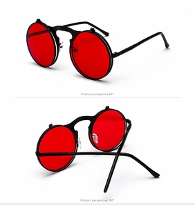 Steampunk flip-up sunglasses with red lenses shown from 90-degree and 180-degree angles