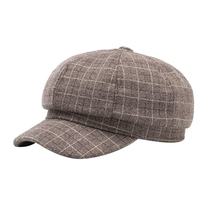 Unisex vintage dark brown checkered newsboy cap in warm wool fabric for autumn and winter