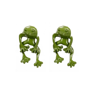 Vintage olive green 3D frog earrings in a minimalist metal design on white background