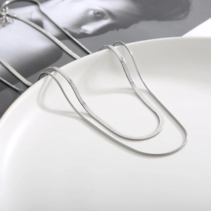 Minimalist silver double-layered snake bone chain necklace displayed on ceramic plate