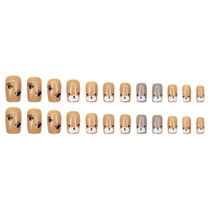 24er-Set niedliche Bären- und Pfotenabdruck-Kunstnägel in Braun, Beige und Grau
