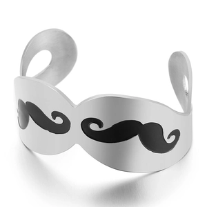 Silver stainless steel open cuff bracelet featuring a black mustache enamel design
