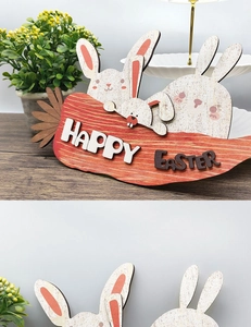 Macro shot of wooden bunny and carrot hanging decor with Happy Easter lettering details
