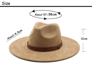 Detail view of suede fedora with brown leather band and embossed geometric patterns
