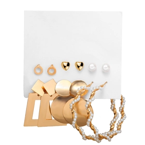 6-pair set of gold alloy earrings with geometric drops and imitation pearls on white card