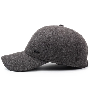 Men's winter baseball cap with ear protection and warm grey textured tweed fabric