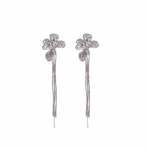 Silver flower tassel drop earrings with sparkling white zircons and pearls for women