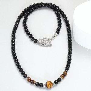 Men's beaded necklace with black stones, tiger eye accent and silver OT toggle clasp