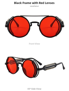 Steampunk round sunglasses with black frame, red lenses and metal spring temple details