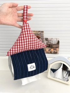 Hanging house-shaped tissue holder in red plaid and blue stripes with cartoon cat patch