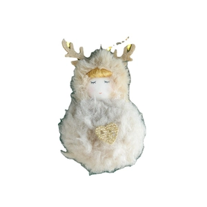 Plush Christmas angel ornament with golden sequins and reindeer antlers on white background