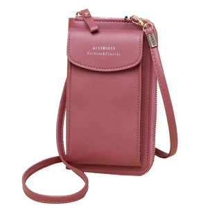 Minimalist pink PU leather crossbody phone bag with gold zipper and adjustable strap