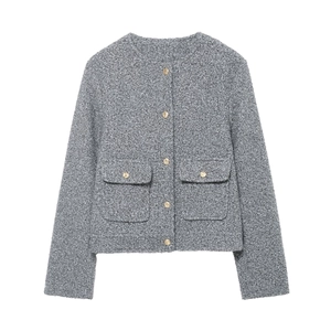 Tweed Jacket Women Round Neck Elegant Gold Button Short Boucle Outerwear Long Sleeve Grey Fall Socialite Style