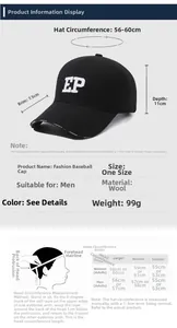 Detailed size chart for wool baseball cap with 56-60cm circumference and measurement guide