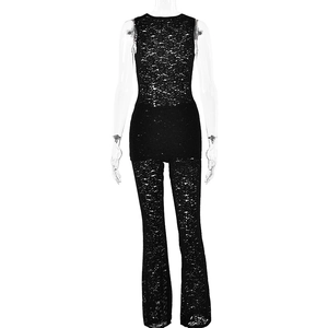 Chic black sleeveless lace two-piece set featuring slim-fit pants with a flared leg design