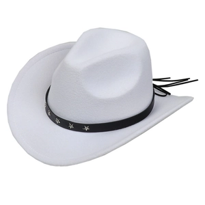 White western cowboy hat with black leather strap featuring silver star studs and tassels