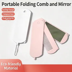 Portable Folding Makeup Mirror With Comb Small Travel Hair Brush Compact Vanity Tool With Bead Chain For Women Girls