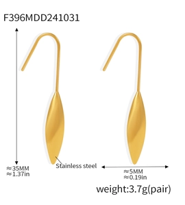 Detail view of water drop earrings showing 35mm height and stainless steel texture