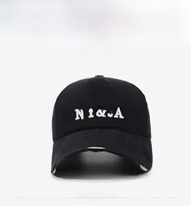 Front detail of black washed baseball cap with NY&JA 3D embroidery and distressed brim
