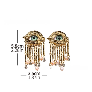 Golden evil eye tassel earrings with green enamel and pink pearl detail measurements
