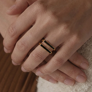 Minimalist gold stainless steel ring set with black enamel rectangle design for women