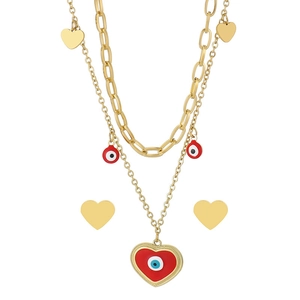 Golden double-layer evil eye necklace set with heart earrings on white background