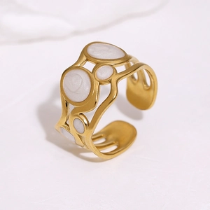 18k gold plated stainless steel open ring with white enamel irregular patterns