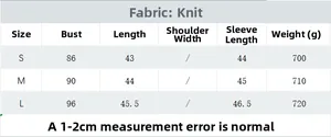 Detailed size chart for the fish scale knit cardigan including bust, length, and sleeve measurements