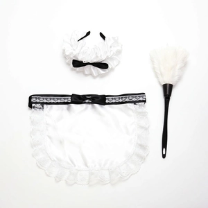 Dreiteiliges Dienstmädchen-Set mit Spitzenapron, Rüschenstirnband und weißem Federwedel