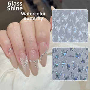 Detail of 3D aurora butterfly nail art stickers with laser shell finish and rhinestones
