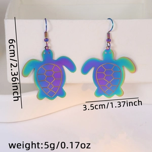 Detail of colorful laser sea turtle earrings showing vibrant gradient and mesh patterns